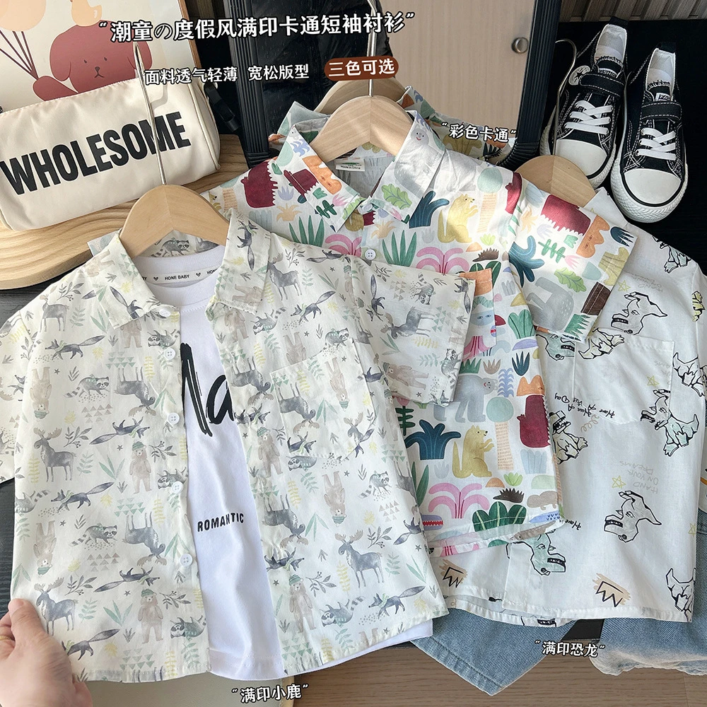 儿童印花短袖衬衫 25夏季薄款中大男孩子洋气个性上衣宝宝沙滩T恤