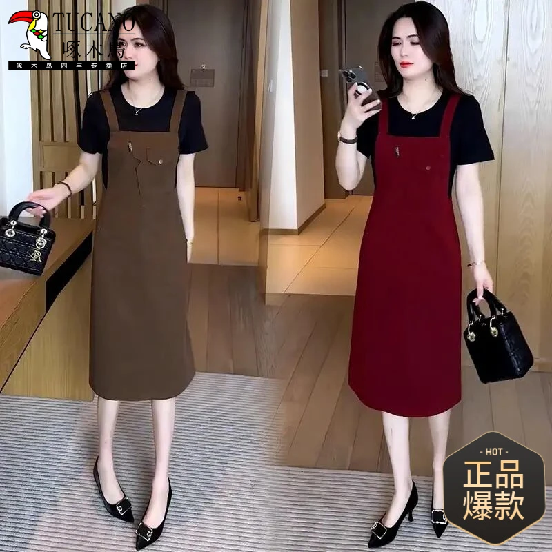 啄木鸟时尚牛仔连衣裙女夏季新款洋气休闲显假两件拼接中长款背带