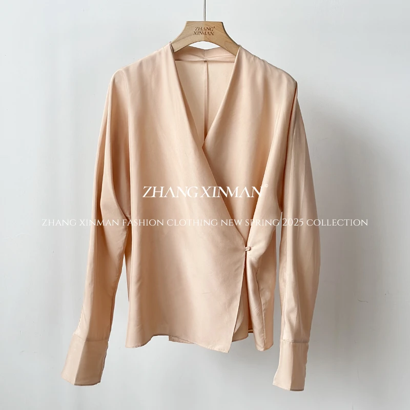 Zxm-【别绪】100桑蚕丝丨侧扣收腰上衣设计长袖V领缎面衬衣104561