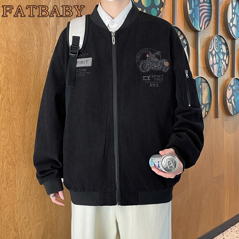 春季灯芯绒男士外套宽松潮流加肥加大休闲百搭胖子刺绣帅气夹克男
