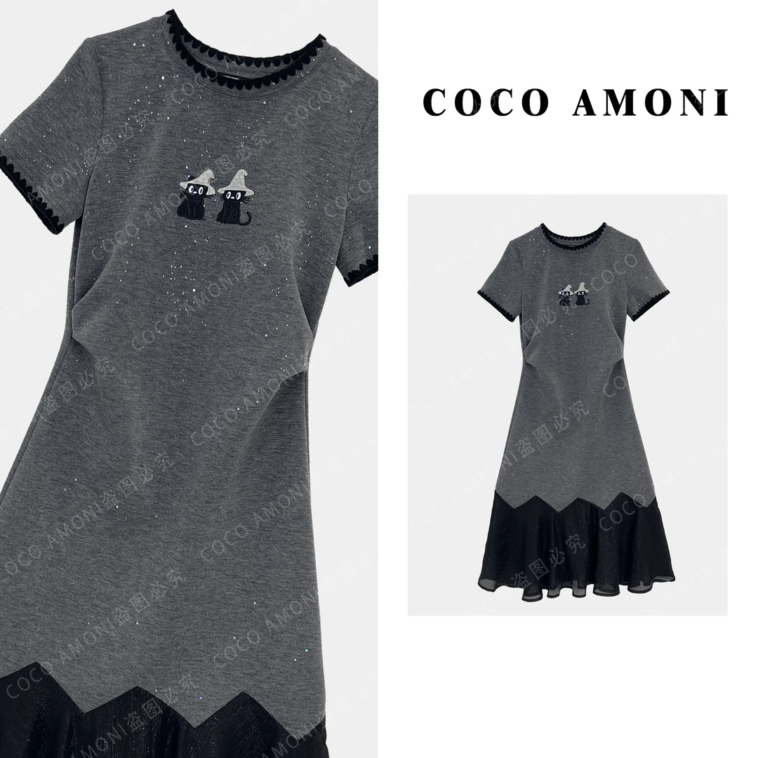 高级感设计师重工亮钻女装拼接褶皱收腰显瘦气质连衣裙AC293