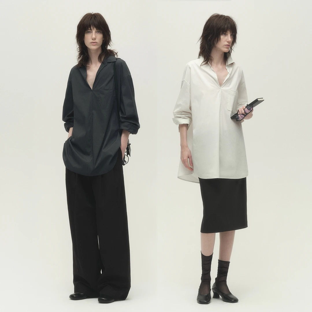 白弓 清冷设计感套头V领长袖衬衫女宽松都市调性衬衣56603