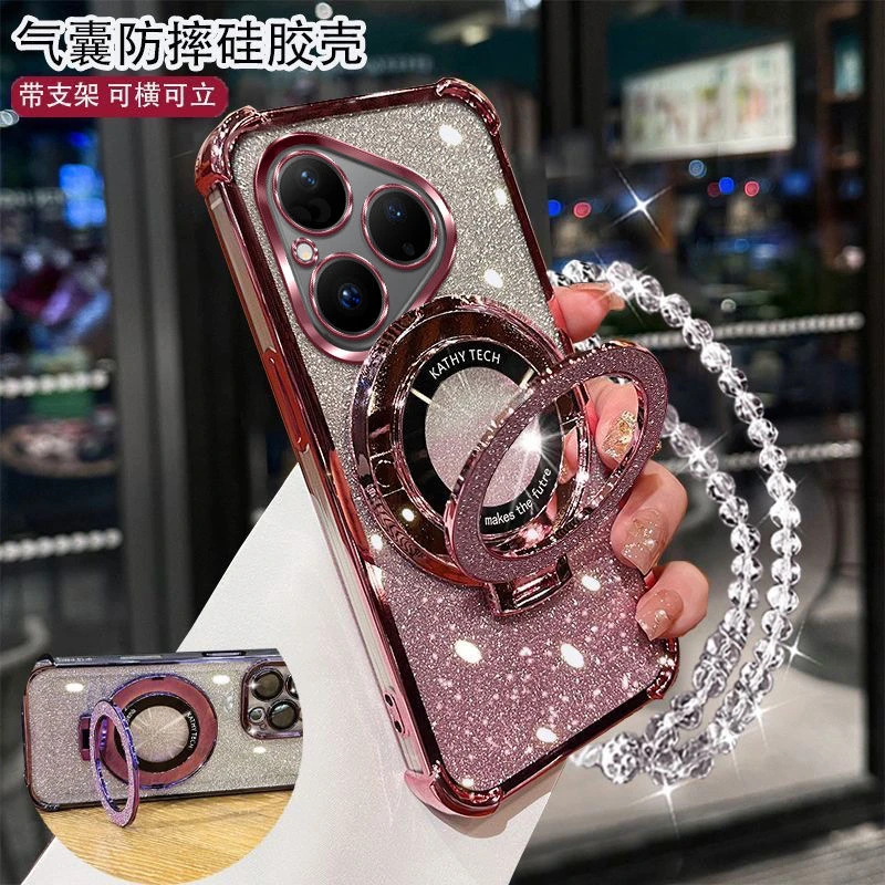 适用华为pura80手机壳自带镜头膜HED-AL00女款流行闪粉支架防摔壳