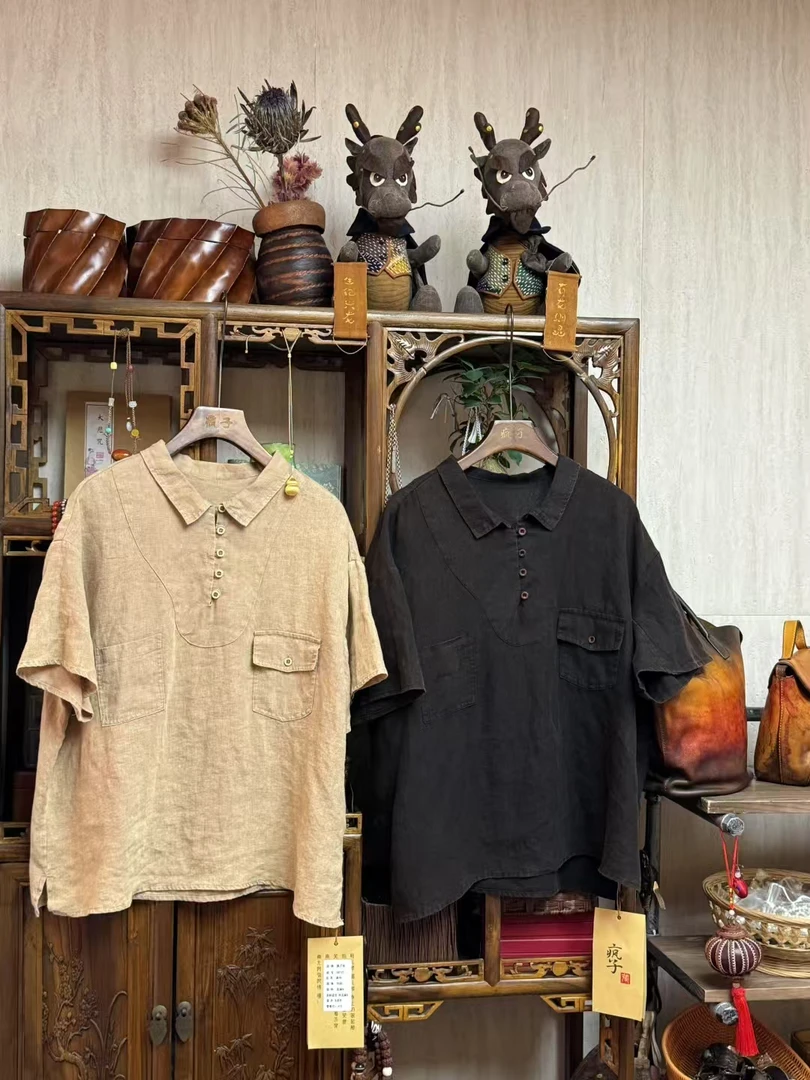 夏季短款立领吸汗透气宽松型做旧休闲短袖衬衫