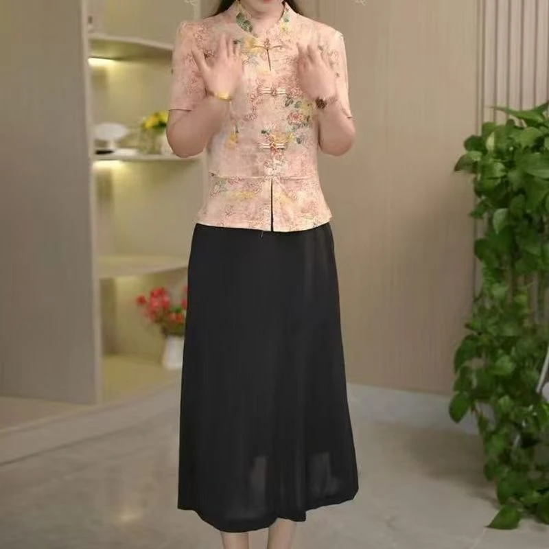 10403-夏季新款妈妈装时尚中式假两件连衣裙女遮肉过膝裙子【A仓】