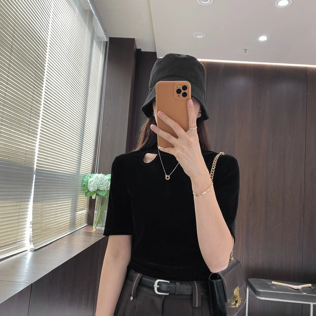 IMFLY金小金自制女装 T恤DYW9755早秋气质丝绒镂空短袖上衣女士