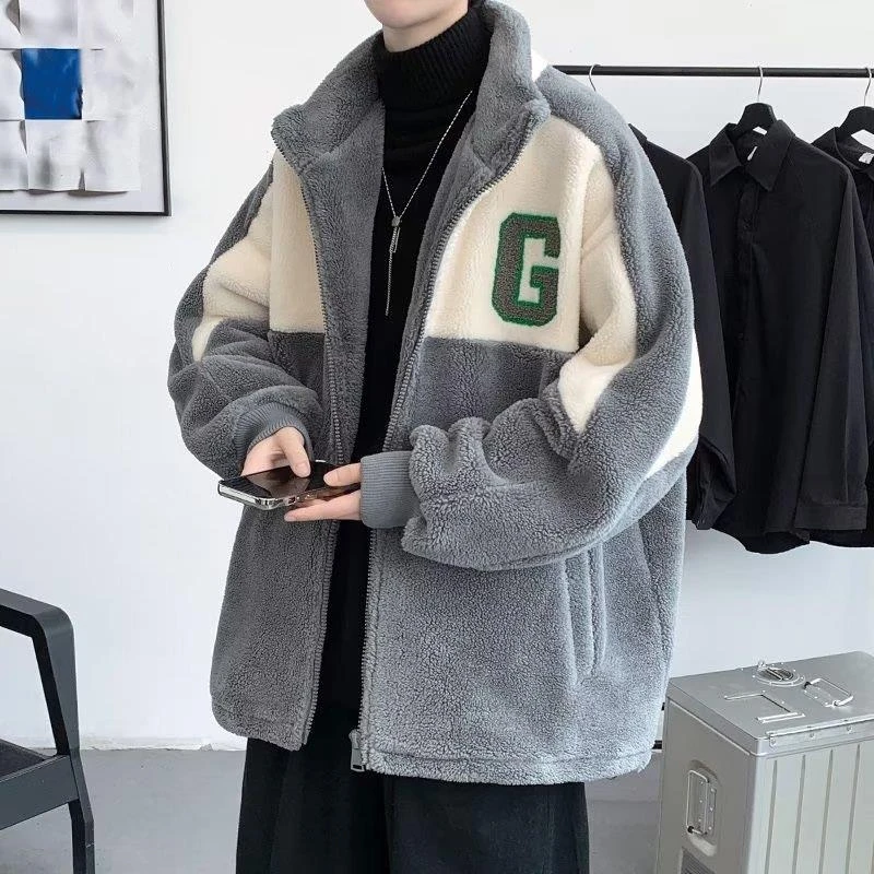 【奥莱撤柜】羊羔绒外套男士秋冬季撞色拼接立领袄潮流学生宽松大