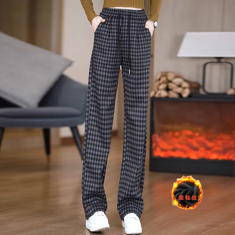 ESSENCEZAZOREVEAL/露卡索冬季加绒格纹阔腿裤高腰保暖百搭格子裤