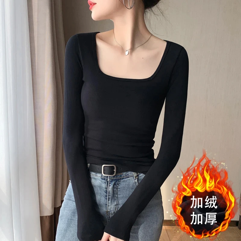 黑色双面德绒方领长袖打底衫女秋冬新款磨毛保暖叠穿内搭修身上衣