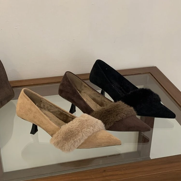 尖头毛毛单鞋新款温柔风外穿舒适保暖棉冬加绒女鞋细根好穿不累脚