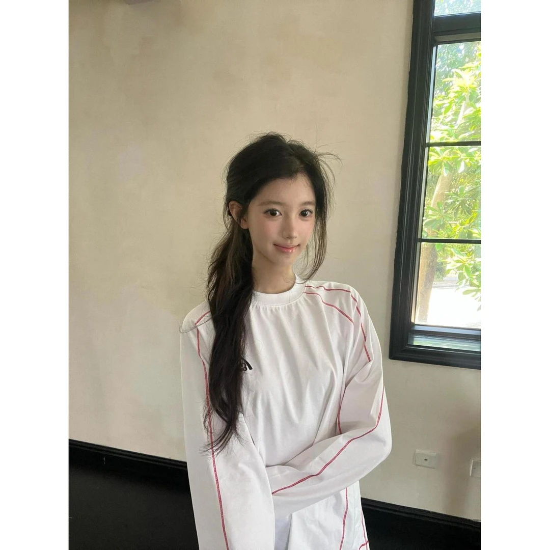 100%纯棉美式圆领长袖t恤女白色时尚休闲宽松设计感上衣男ins