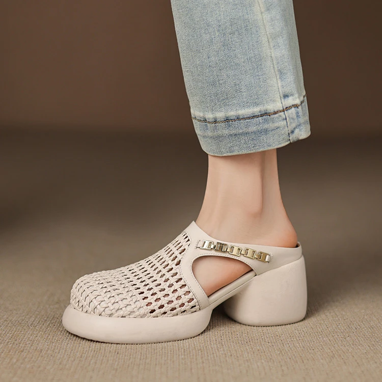 轻奢鞋子凉鞋夏季复古风包头拖编织松糕底厚底凉拖鞋金属防滑款