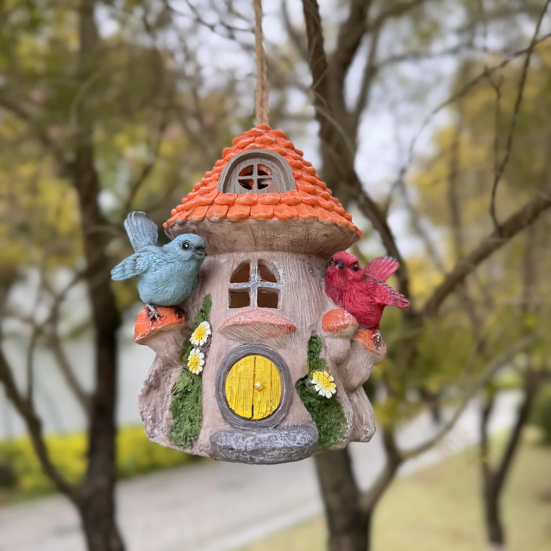 鸟房子挂件树屋花园装饰庭院阳台创意摆件太阳能灯挂件灯景观树脂