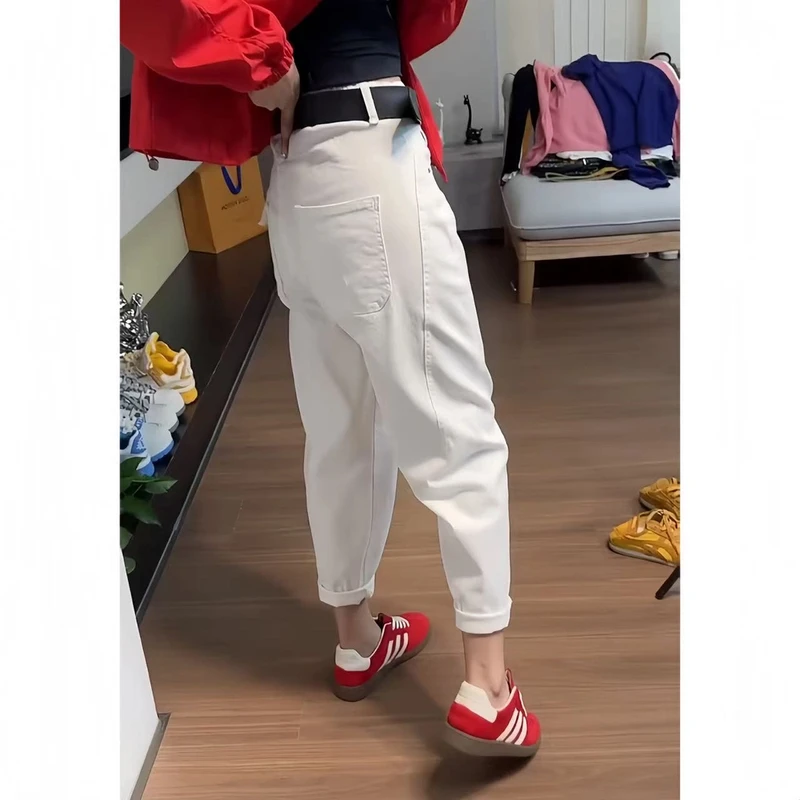 白色牛仔裤女夏季新款梨形身材小个子高腰胖mm大码显瘦九分哈伦裤