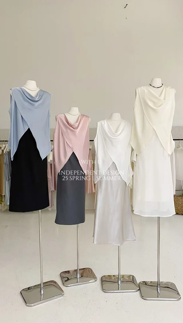 with u@1532 法式夏季气质荡领不规则拼接无袖上衣