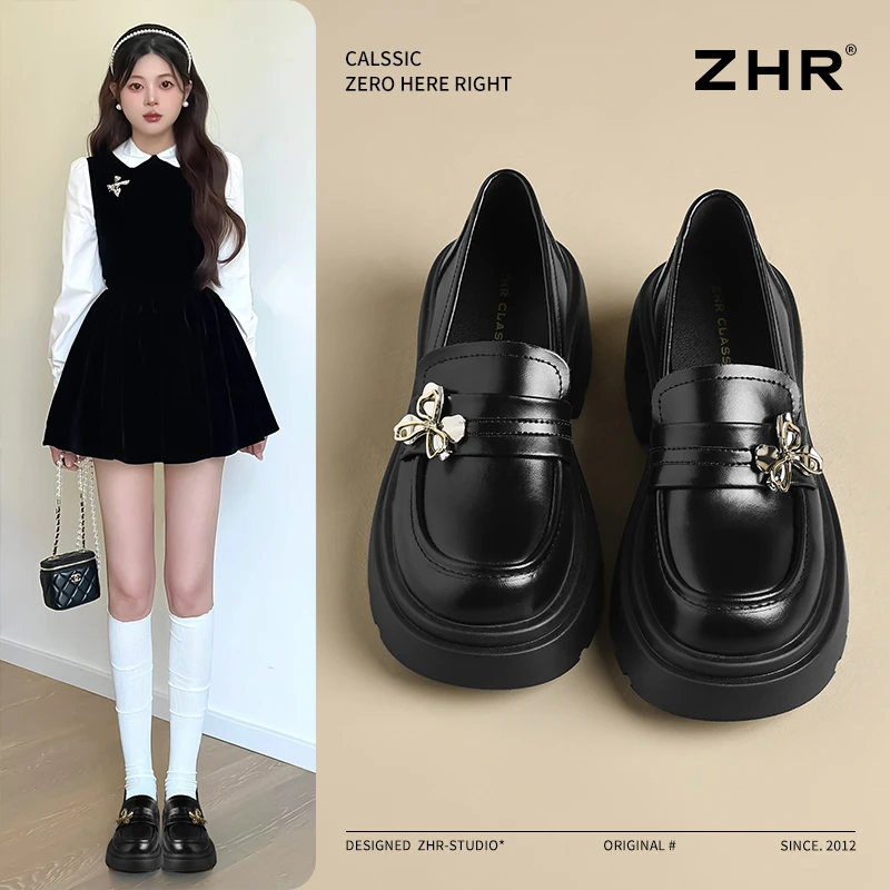 ZHR则则蝴蝶乐福鞋女2025春季新款百搭厚底单鞋一脚蹬黑色小皮鞋