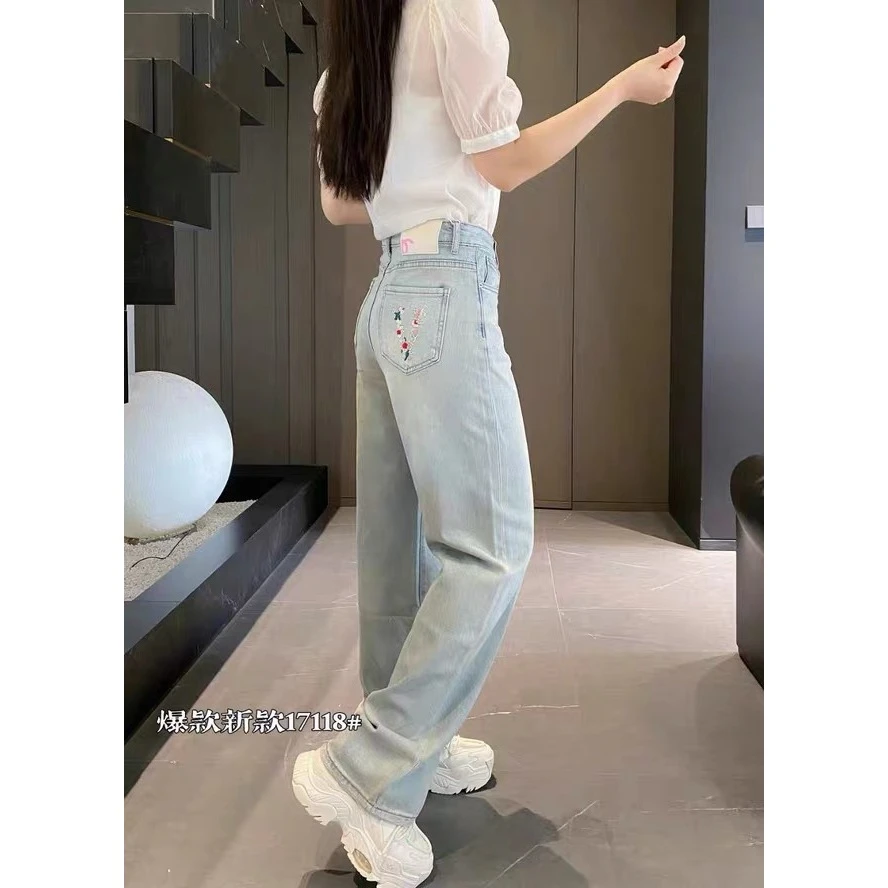 6540-刺绣设计感直筒休闲牛仔裤垂感牛仔裤高腰时尚夏季烟管
