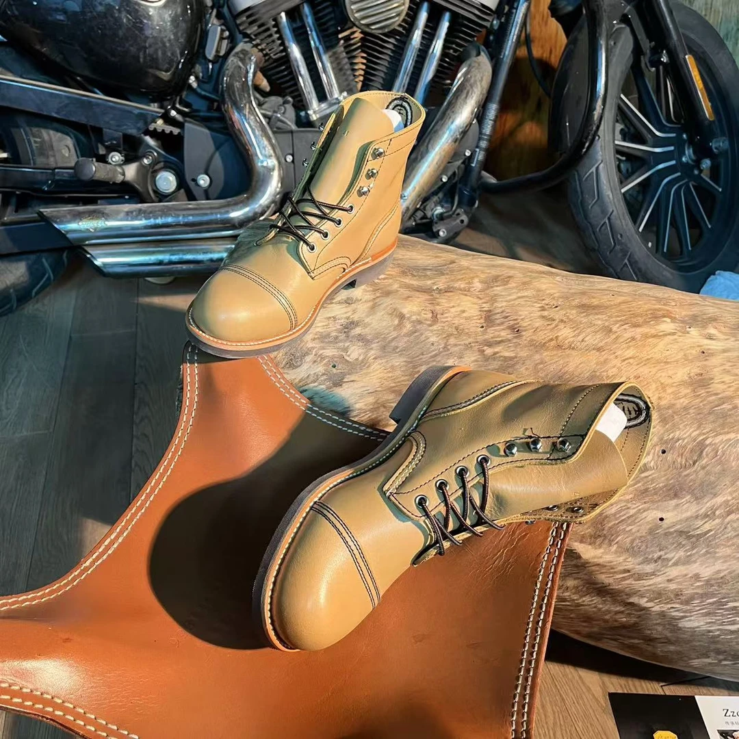 瑕疵款杏色油蜡皮伞兵靴阿美咔叽风工装靴