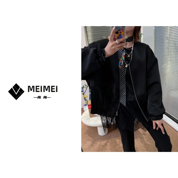 XMM.【缎面蕾丝外套】时尚百搭潮流显瘦运动休闲拉链黑色宽松衣9319