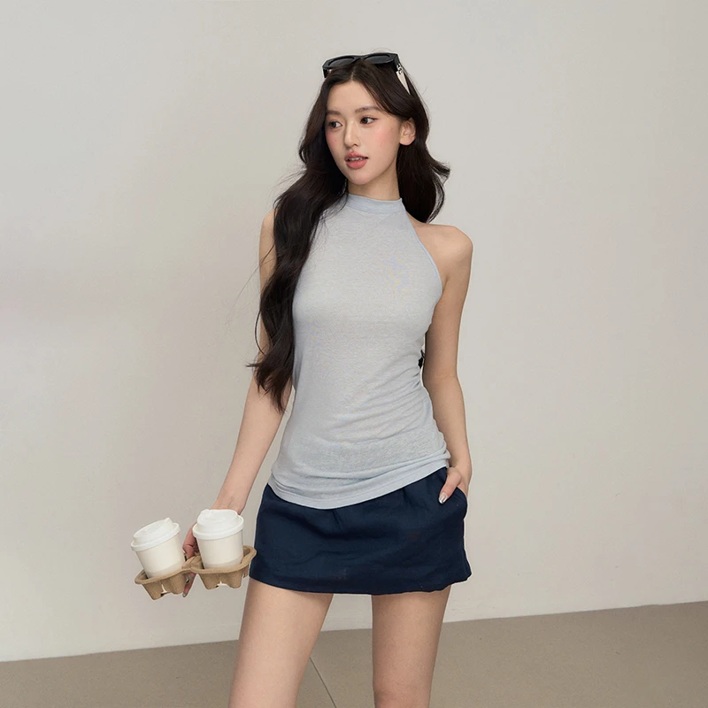 OIOI ESSE/"从头再来" 55%亚麻薄款挂脖绑带背心女夏显瘦长款上衣