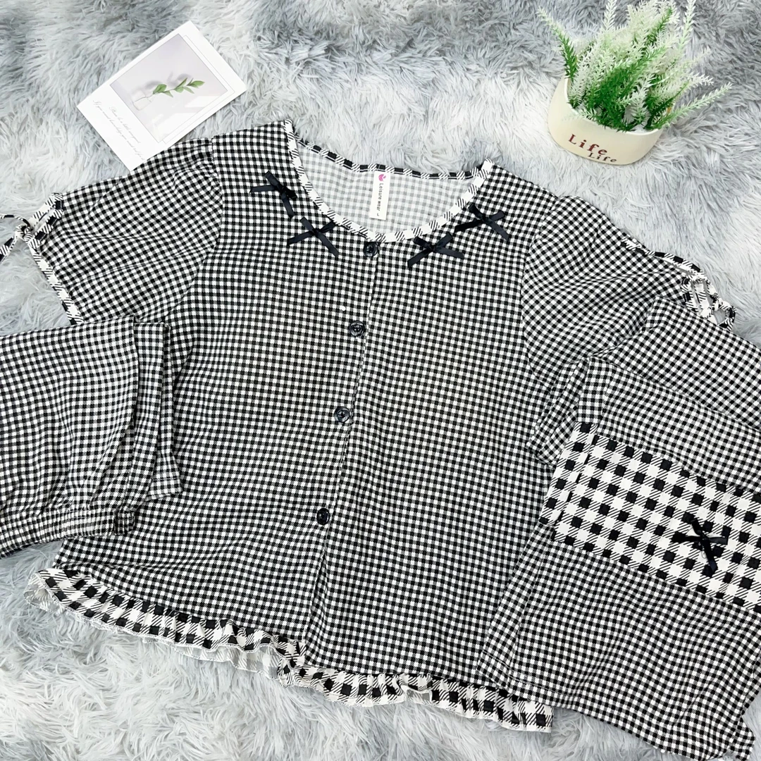【R741】夏款千鸟格拼接短袖短裤+长裤三件套+胸垫【开衫款】夏季
