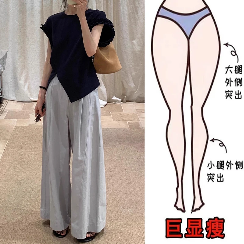 韩系灰蓝色腰带配遮胯高腰宽松高腰休闲裤2025夏新垂感显瘦直筒裤