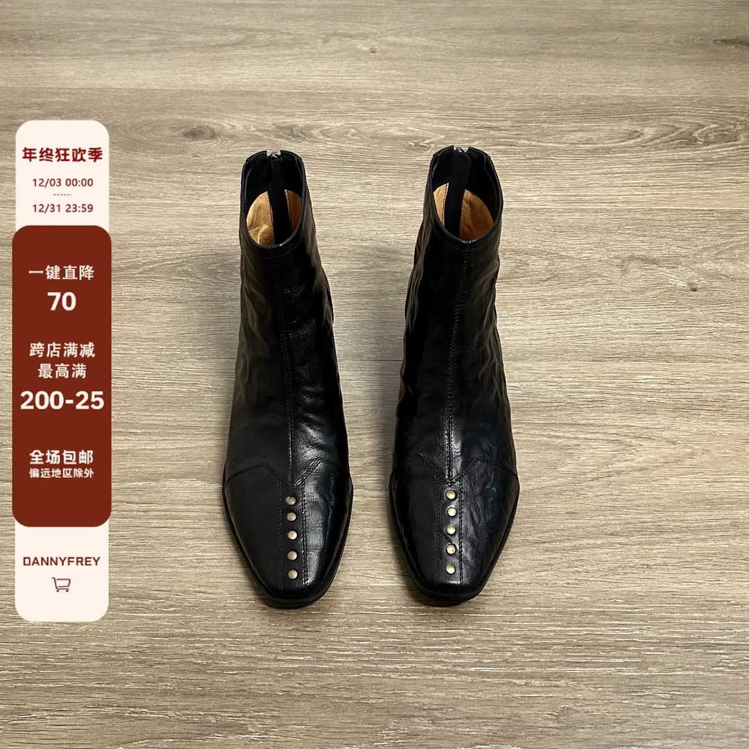 Dannyfrey英伦风复古低跟短靴女冬真皮铆钉瘦瘦靴后拉链切尔西靴