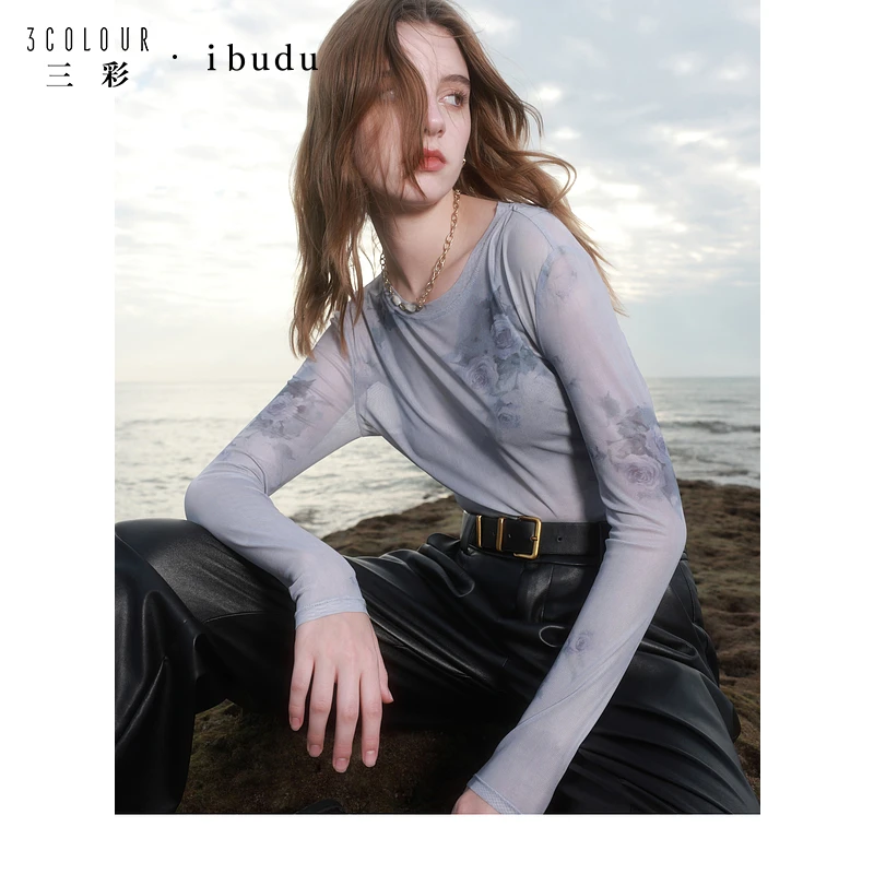【黛一专属】E401X010EZ00三彩ibudu2025春季新款网纱印花T恤dbx