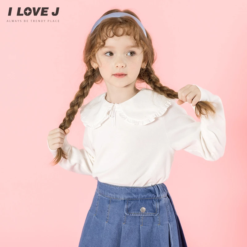 ILOVEJ童装2025春季新款女童白色荷叶领打底衫蝴蝶结T恤/JXSTO40