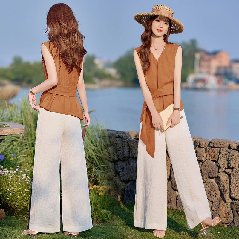 贝壳V领系带无袖上衣阔腿裤棉麻套装女25夏新款轻奢气质两件套裤
