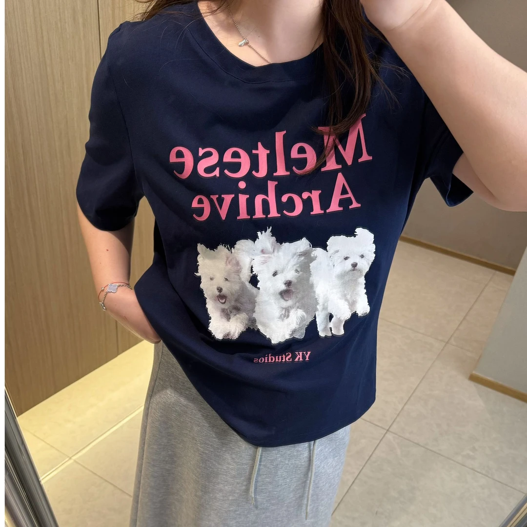 夏季新款韩系藏青色小狗印花正肩显瘦t恤上衣大码女装微胖mm