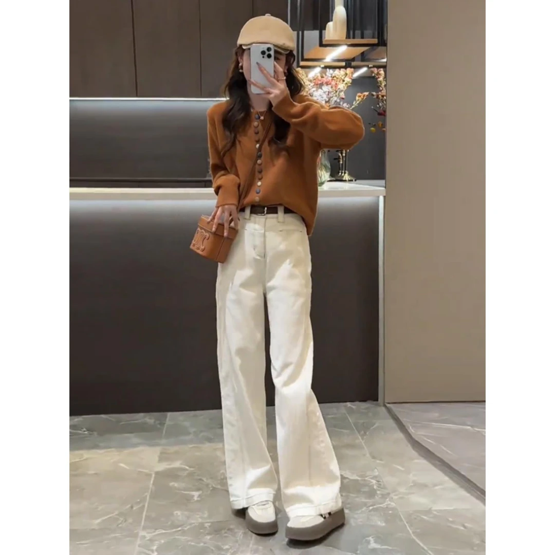 时髦精穿搭套装秋季2025新款慵懒风软糯针织毛衣牛仔阔腿裤两件套