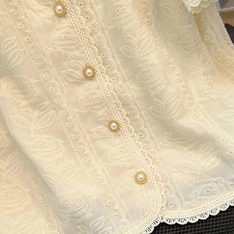 小香风蕾丝上衣女夏季短袖衬衫2025新款法式泡泡袖超好看漂亮小衫