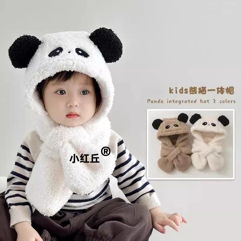 儿童帽子围巾一体秋冬男童女童护耳帽加绒毛绒围脖宝宝小熊套头帽