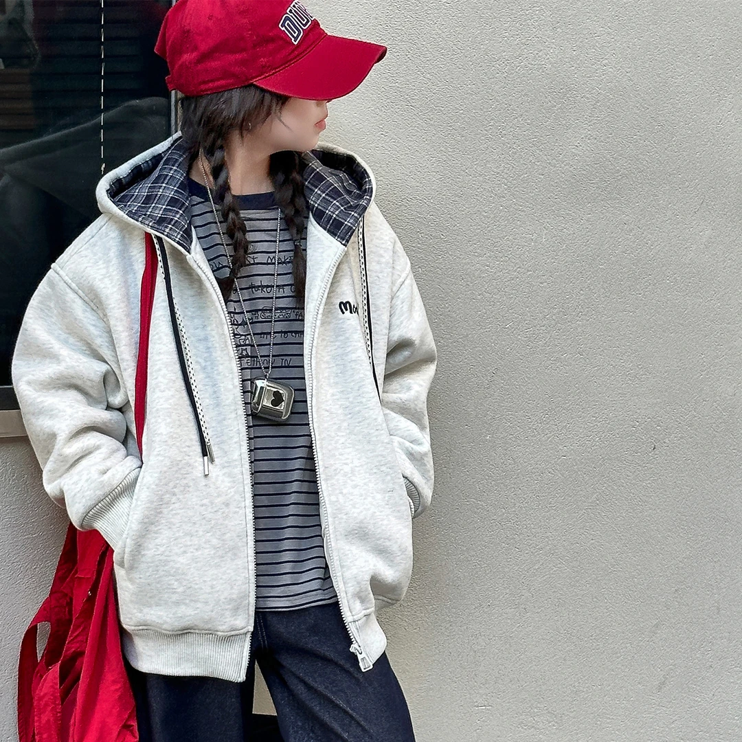 中大童秋冬款女童夹棉加厚外套2025新款韩版休闲百搭儿童连帽上衣