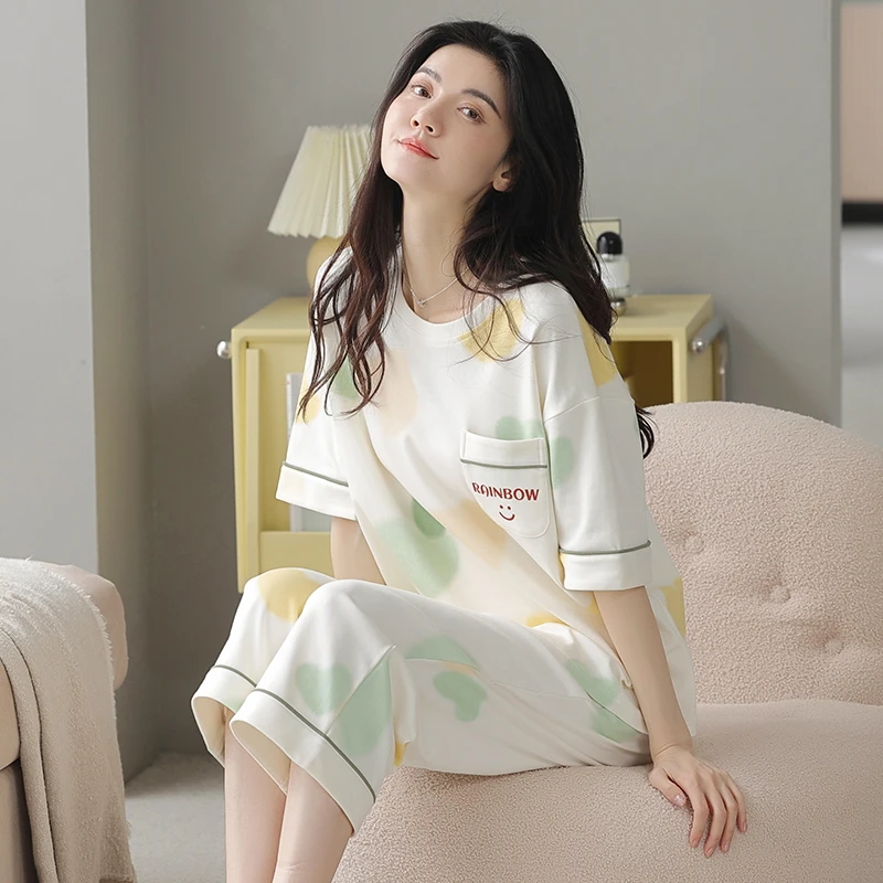 俞兆林带胸垫睡衣女纯棉夏季短袖100%纯棉七分裤家居服女套装夏天