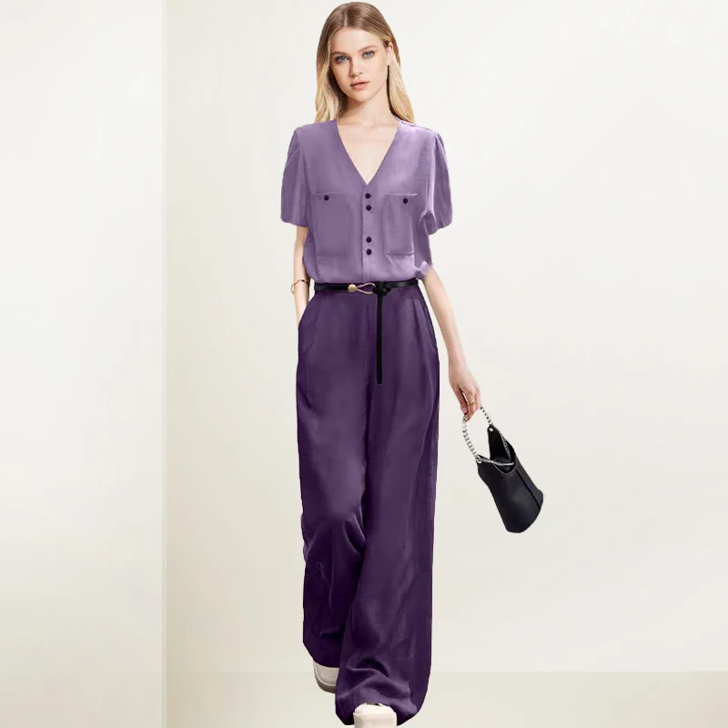 法式减龄套装女2025年别致紫色V领上衣休闲百搭显瘦西裤两件套潮