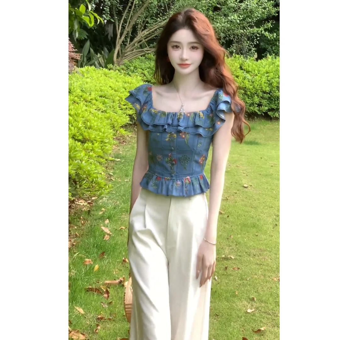 【现货】2025夏季新款时尚设计感甜美洋气短款碎花上衣裤子两件套