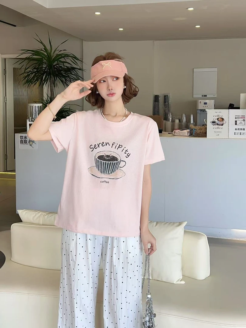 2025年夏季新款 韩系无感印咖啡小猫雪花棉T恤