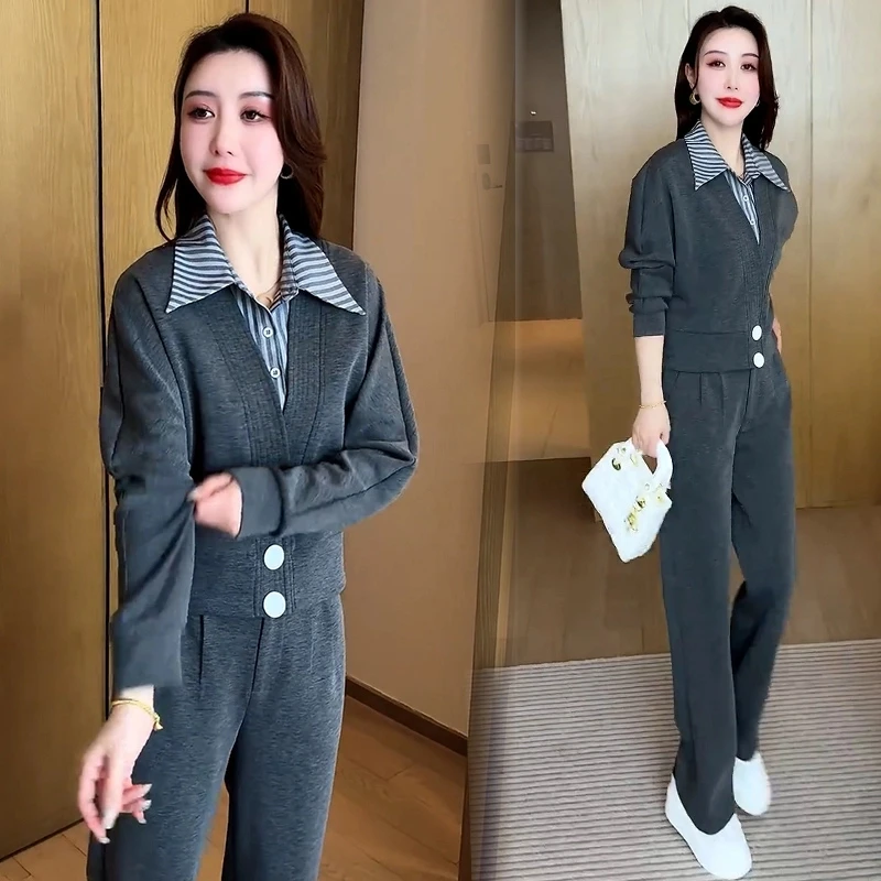 休闲运动套装女2025春季新款时髦洋气假两件衬衣领阔腿裤两件套潮