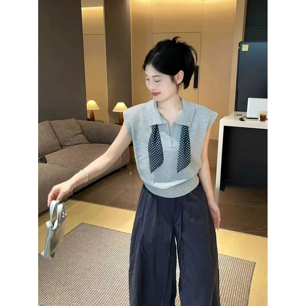 灰色polo领无袖针织T恤女小个子2025夏季新款超火减龄款百搭上衣