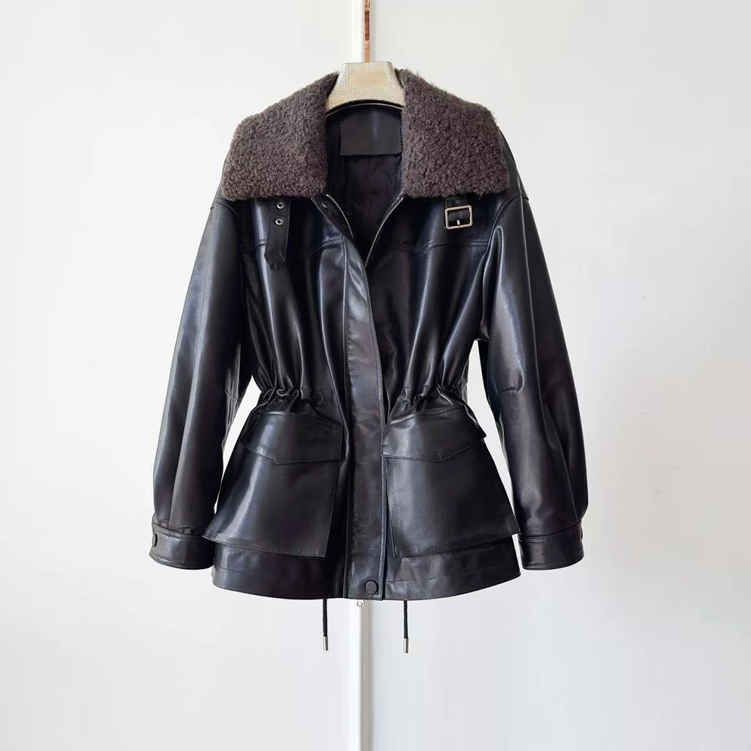 羽绒服真皮白鸭绒皮衣女翻领宽松型冬季中长款时尚夹克收腰外套