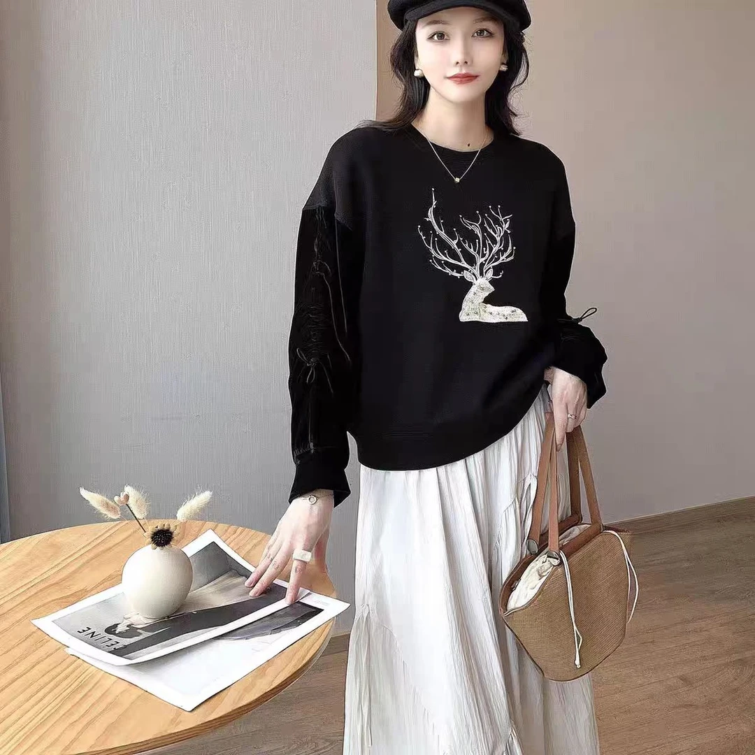 W 3088款休闲大码时尚百搭宽松拼接衣服金丝绒长袖卫衣