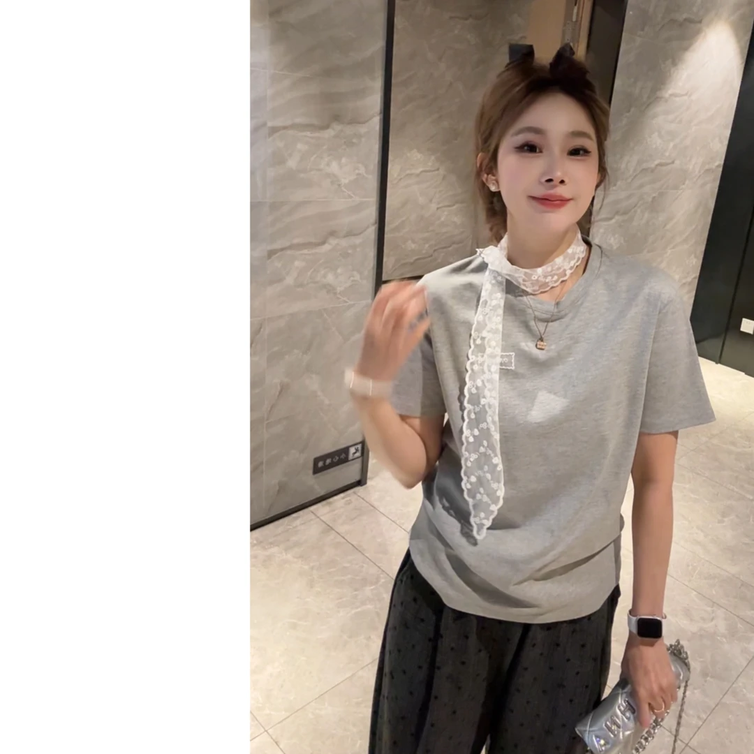 墨迹姐 高个子微胖“丝带女孩”圆领打底短袖T恤女