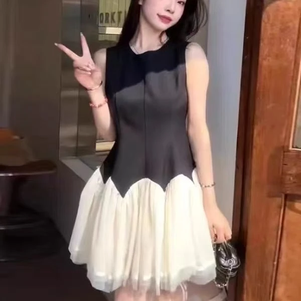 夏季新款气质网纱拼接无袖背心连衣裙公主芭蕾蓬蓬短裙收腰