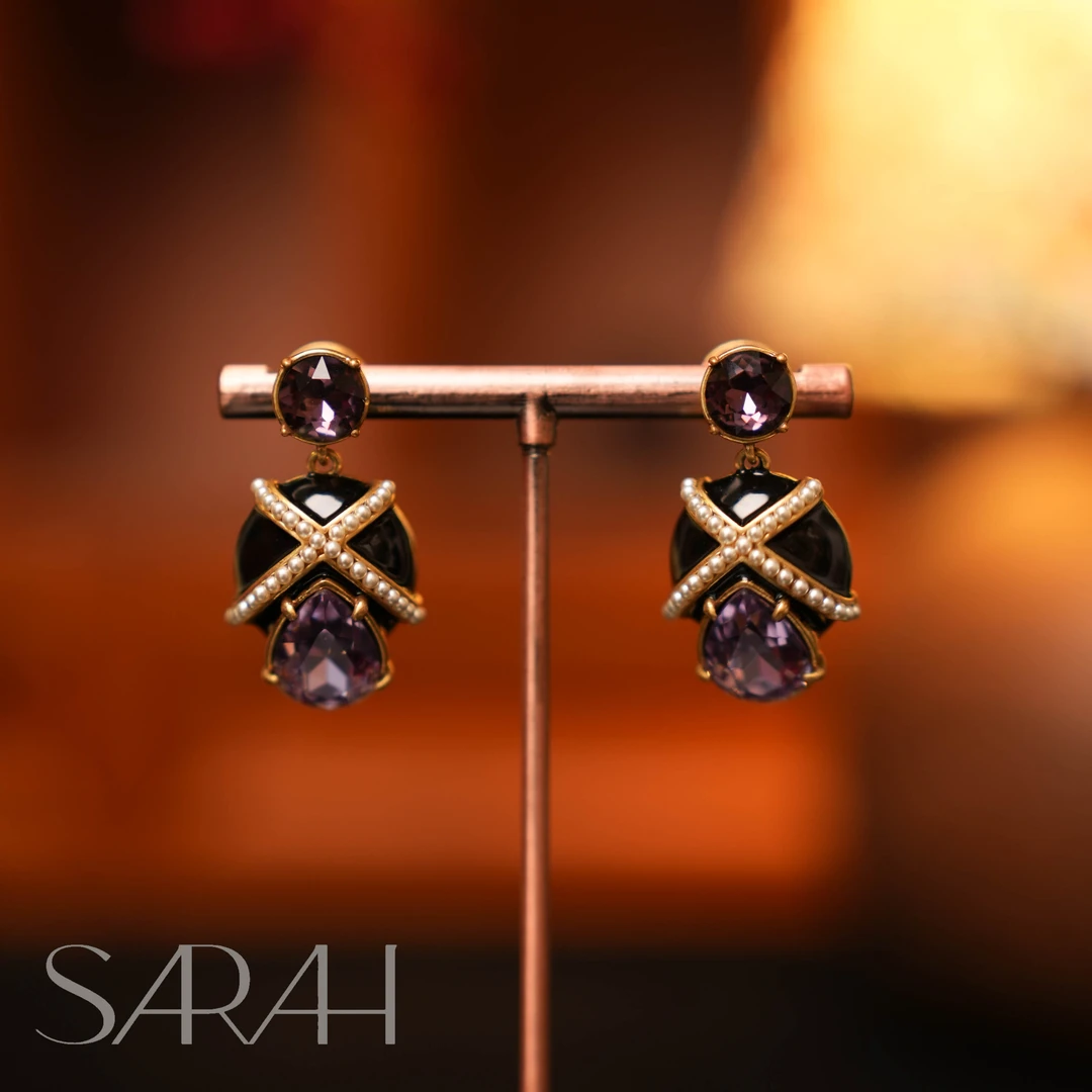铜合金合成锆石耳饰 DearLisa.精工系列 复古黑色珐琅紫色钻 耳钉