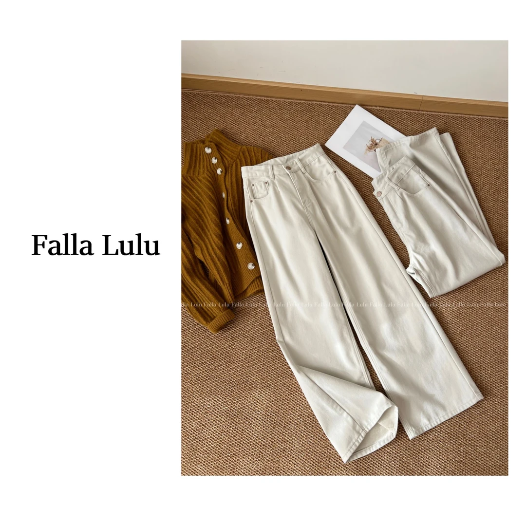 @英子家 加绒保暖款 水洗高腰显瘦休闲窄版阔腿拖地牛仔裤 C2348