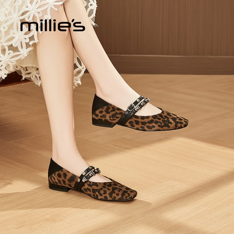 MILLIE S/妙丽豹纹真皮一字扣玛丽珍鞋女时尚浅口单鞋百搭仙女鞋