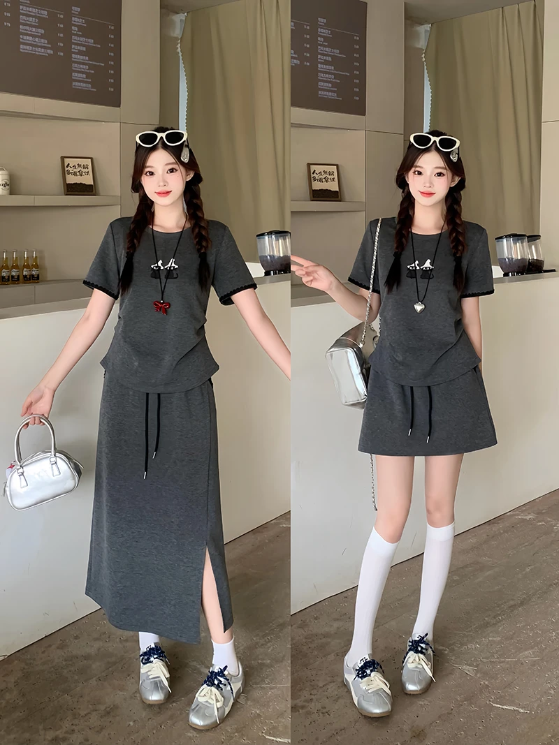 大码女休闲刺绣短袖T恤长短款半身裙套装 22189短款+22116长款