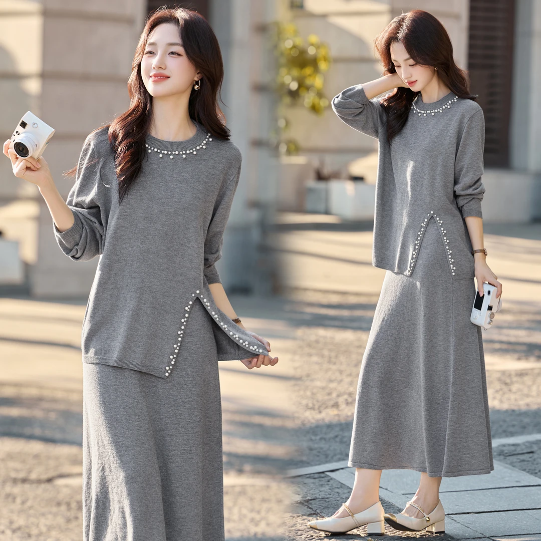 法式小香风钉珠针织套装裙女2025春秋新款松弛感气质半身裙两件套